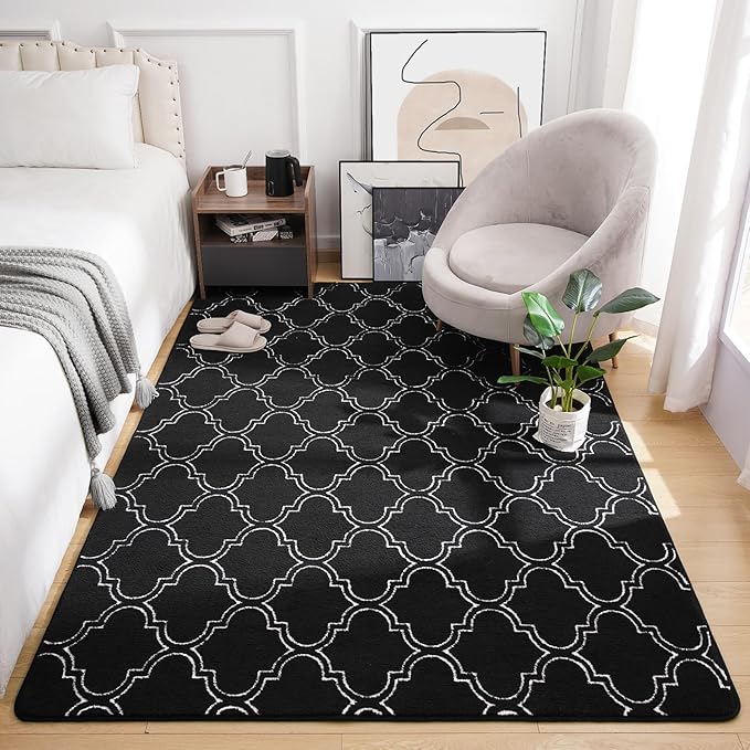 Amearea Fluffy Indoor Area Rug, Soft Trellis Moroccan Rugs for Bedroom, Shag Modern Area Rug for Living Room Kids Room Nursery, Easy Clean, Home Decor Low Pile Carpet, Black 6x9 Feet