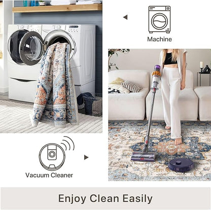 vivorug 5x7 Area Rugs - Boho Ultra-Thin Washable Rug with Non-Slip Backing, Ideal for Living Room, Bedroom, Kitchen Floor Carpet - Vintage Floral, Easy Clean, Durable, Low Pile Orange/Navy