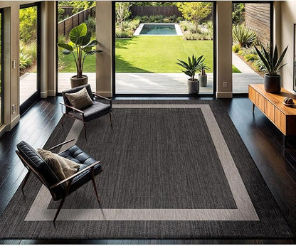 CAMILSON Outdoor Rug 9x12, Large Modern Outside Rugs for Patios Porches Waterproof Durable Washable Non-Shedding, Easy-to-Clean Indoor Outdoor Area Carpet (9 x 12, Bordered - Dark Gray/Light Gray)