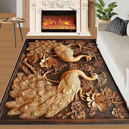 Peacock Rugs for Bedroom - 4x6 Rug, European Style Area Rugs for Living Room, Peacock Decor Carpet, Gold Peafowl Washable Area Mat, Luxury Carpet - Peafowl Home Decor & Gifts