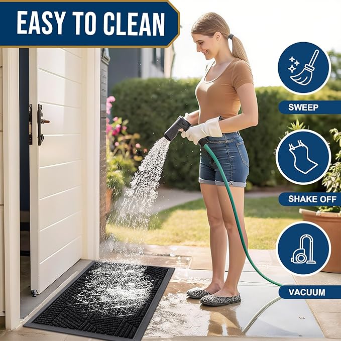 Kitinjoy Front Door Mat Outside Entrance, Sturdy Natural Dirt Trapper, Heavy Duty Rubber Doormat, Low Profile Non-Slip Backing, Easy Clean Floor Mat for Indoor Outdoor Entry, 47X32 Inch, Black