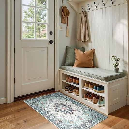 Area Rugs 2'x4' Washable Non-Slip, Floral Vintage Distress Print Pattern Medallion Carpet for Living Room Bedroom Dining Room, Green Navy Blue White Red Teal Colorful