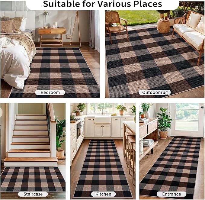 Tangsoo Checkered 4x6 Washable Easy Jute Area Rug for Patio,Non-Slip Black Brown Indoor Outdoor Rug,Modern Throw Mat Ultra Thin Carpet for Front Porch Kitchen Bedroom Foyer