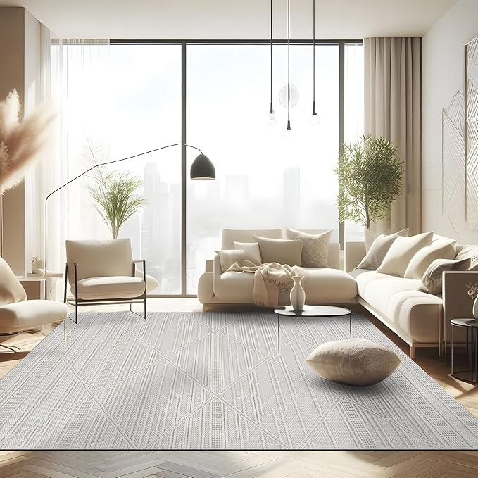 CAMILSON Micro Loop Rug 9x12 Modern Luxury Geometric Arch Large Area Rugs Soft High and Low Pile Stain Resistant Easy-Cleaning Non-Shedding for Living Room Office Indoor Carpet (9 x 12 / White)