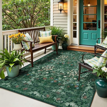 Green Boho Floral 3x5 Rugs for Large Entryway, Farmhouse Botanical Washable Area Rug for Dorm, Bedroom Bedside, Foyer, Kitchen, Laundry - Cottagecore Distressed Carpet, Low Pile Non Slip Mat