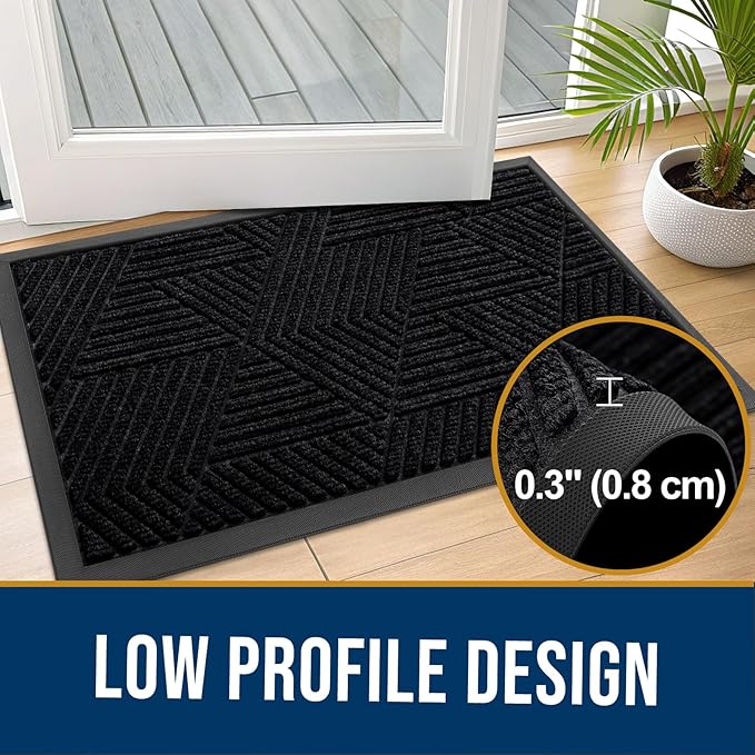 Kitinjoy Front Door Mat Outside Entrance, Sturdy Natural Dirt Trapper, Heavy Duty Rubber Doormat, Low Profile Non-Slip Backing, Easy Clean Floor Mat for Indoor Outdoor Entry, 29.5X17 Inch, Black