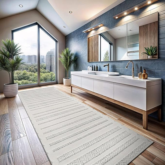 CAMILSON Modern Runner Rug 2x7 Luxury Striped Line Micro Loop Hallway Rugs Soft High-Low Pile Stain Resistant Easy to Clean Non-Shedding Durable Entryway Kitchen Indoor Area Carpet (White)