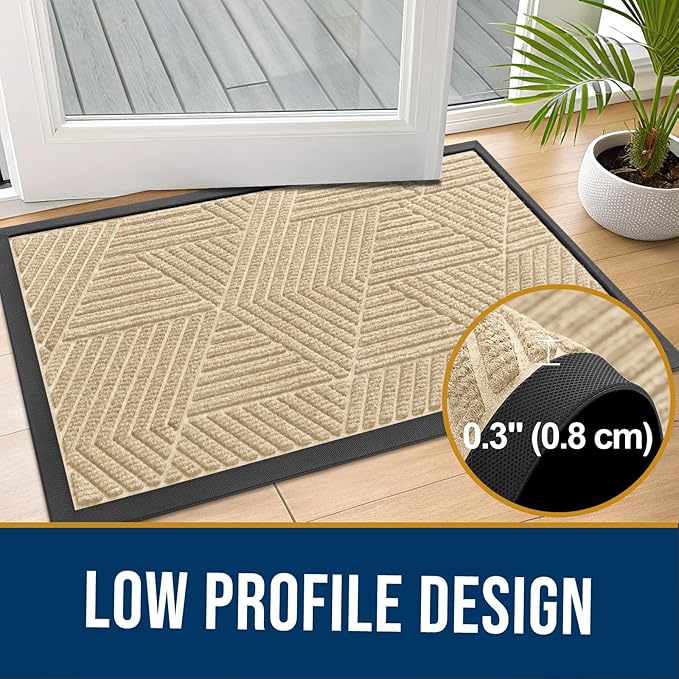 Kitinjoy Front Door Mat Outside Entrance, Sturdy Natural Dirt Trapper, Heavy Duty Rubber Doormat, Low Profile Non-Slip Backing, Easy Clean Floor Mat for Indoor Outdoor Entry, 35X23 Inch, Beige