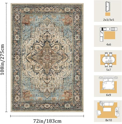 6x9 Machine Washable Area Rug for Living Room, Blue Beige Boho Vintage Floral Rug Large Non-Slip Low Pile Soft Faux Wool Carpet, Kids and Pets Friendly for Bedroom Dining Room Farmhouse Decor Rug