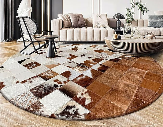 Handmade Pure Cowhide Round Leather Rug for Living Room Bedroom Rug (7X7)
