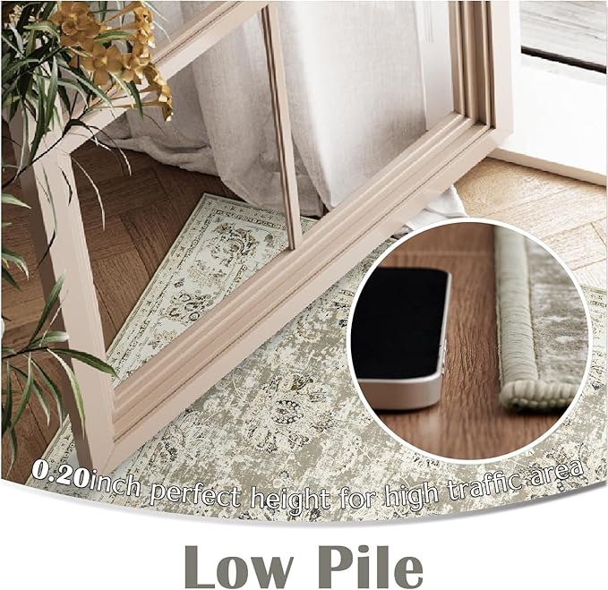 jinchan Fiora Washable Area Rug 3x5 Entryway Rug - Distressed Vintage Floral Ultra-Thin Low-Pile Soft Non-Shedding Indoor Floor Carpet for Kitchen Bedroom Entrance Laundry Living Room(3x5ft, Taupe)