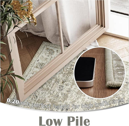 jinchan Fiora Washable Area Rug 3x5 Entryway Rug - Distressed Vintage Floral Ultra-Thin Low-Pile Soft Non-Shedding Indoor Floor Carpet for Kitchen Bedroom Entrance Laundry Living Room(3x5ft, Taupe)