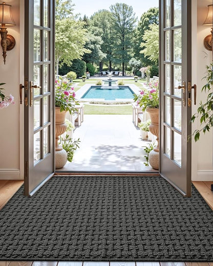 DEXI Front Entryway Door Mat Non Slip 48x72, Large Double Entry Way Mats Inside Entrance Low Profile, Welcome Doormat Dirt Trapper for Garage House Floor Home Porter Hall Backdoor Area, Dark Grey