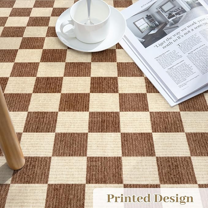 Machine Washable 5x7 Area Rugs for Living Room Checkered, Non Slip Soft Low Pile Farmhouse Geometric Modern Neutral Playroom Boys Rugs for Bedroom, Large Carpet Rugs for Dining Room(Dark Brown,5'x7')