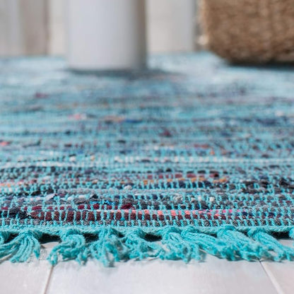SAFAVIEH Rag Rug Collection Runner Rug - 2'3" x 7', Blue & Multi, Handmade Boho Stripe Cotton, Ideal for High Traffic Areas in Living Room, Bedroom (RAR121B)