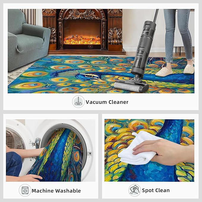 Peacock Area Rug 3x5-3x5 Rug, Wonderful Peacock Rugs for Living Room, Teal Turquoise Carpet, Peafowl Washable Area Rugs for Bedroom, Aesthetics Carpet - Peafowl Home Decor & Gifts