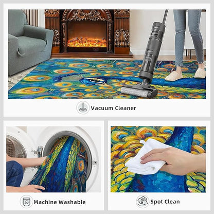 Peacock Area Rug 8x10-8x10 Rug, Wonderful Peacock Rugs for Living Room, Teal Turquoise Carpet, Peafowl Washable Area Rugs for Bedroom, Aesthetics Carpet - Peafowl Home Decor & Gifts