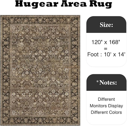 HUGEAR 10x14 Machine Washable Rugs Brown Hallway Large Area Rug Indoor Accent Rug Floral Low Pile Carpet Soft Throw Aesthetic Rug Bedroom Living Room Office Dining Room Kitchen Laundry Room