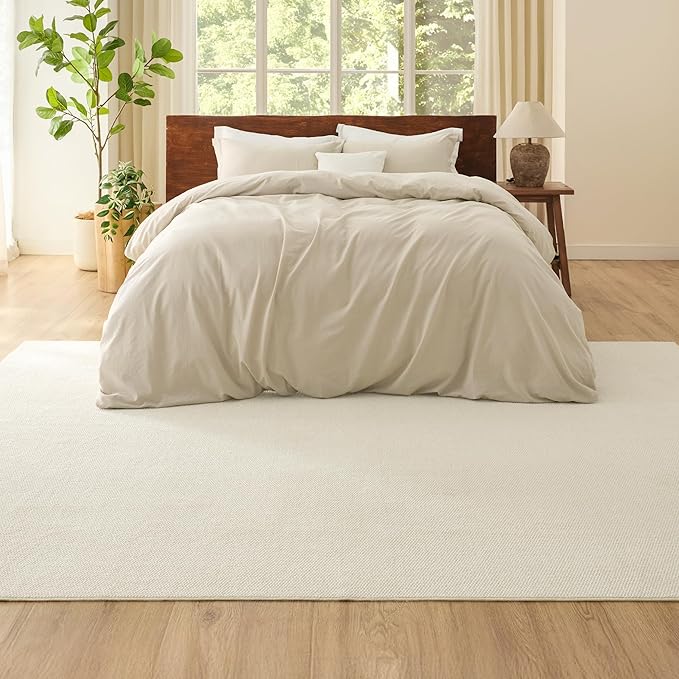 Bedsure 4x6 Faux Wool Area Rugs for Living Room, Machine Washable Carpet, Non-Slip Backing, Pet Friendly Throw Rug for Bedroom Dining Room, Linen
