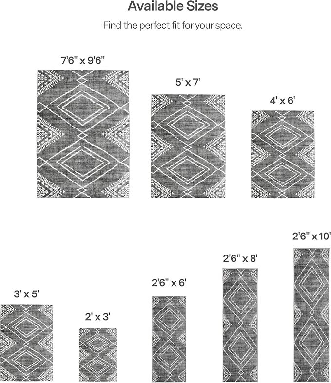 ReaLife Rugs Machine Washable Area Rug - Living Room Bedroom Bathroom Kitchen Entryway Office - Padded Low Pile Stain Resistant Premium - Moroccan Diamond Tribal - Jax - Gray 5' x 7'