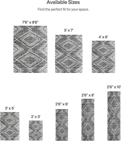 ReaLife Rugs Machine Washable Area Rug - Living Room Bedroom Bathroom Kitchen Entryway Office - Padded Low Pile Stain Resistant Premium - Moroccan Diamond Tribal - Jax - Gray 4' x 6'