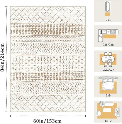 5x7 Machine Washable Area Rug for Living Room, Brown White Vintage Moroccan Rug Large Non-Slip Low Pile Soft Faux Wool Carpet, Kids and Pets Friendly for Bedroom Dining Room Farmhouse Home Decor Rug