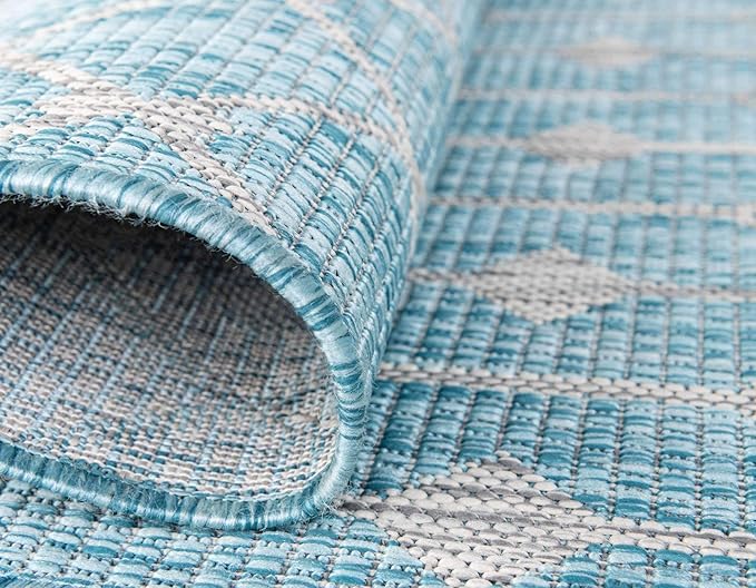 Unique Loom Outdoor Trellis Collection Area Rug - Tribal Trellis (9' x 12' Rectangle, Aqua/ Ivory)
