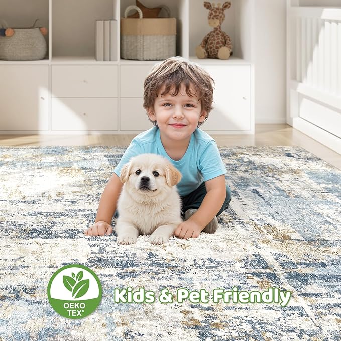 6x8 Area Rug Living Room: Washable Large Abstract Modern Soft Rugs Stain Resistant Indoor Floor Non Slip Accent Carpet for Bedroom Nursery Playroom Office Dining Room Dorm Home House- Light Blue