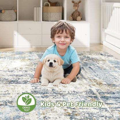 8x10 Area Rugs Washable Rug: Living Room Large Abstract Modern Soft Stain Resistant Indoor Floor Non Slip Accent Carpet for Bedroom Nursery Playroom Office Dining Room Dorm Home House- Blue
