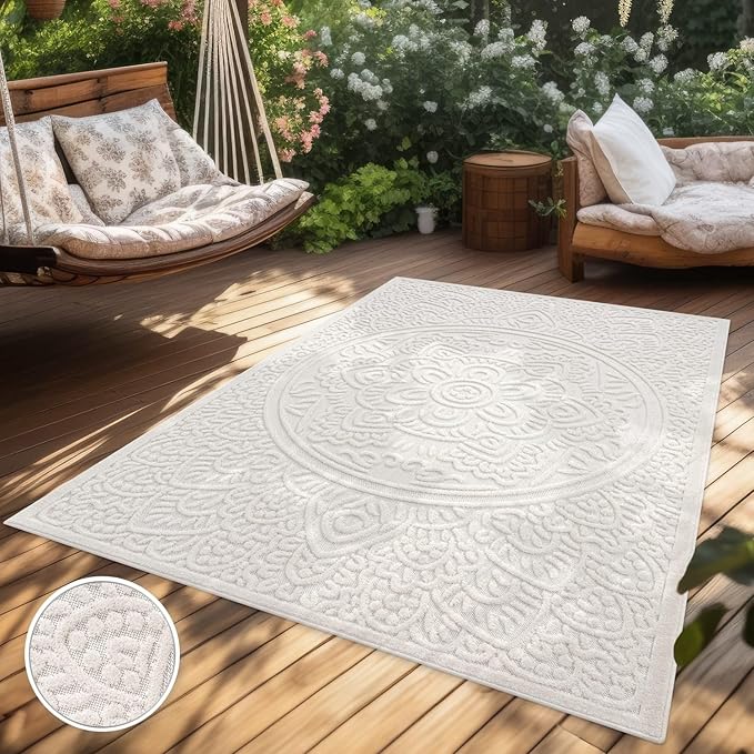 Paco Home Modern in- and Outdoor Rug with Carved Oriental Mandala Pattern in Cream, Size: 2'8" x 4'11"