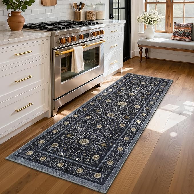 GarveeHome Boho 2x6 Runner Rug for Hallways Non Slip, Vintage Botanical Kitchen Rugs Washable Area Rug for Entryway Stain Resistant, Low Pile Soft Runner Blue Carpet for Bedroom Floor Laundry Room