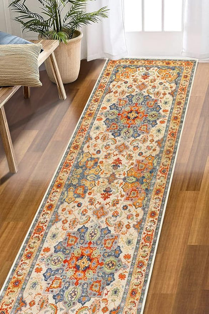 COMSLE Boho Runner Rug, 2' x 8' Washable Rugs for Hallway Faux Wool Small Kitchen Area Rug Distressed Throw Rug Non-Slip Laundry Room Rug Carpet Runner for Entryway Indoor Bedroom