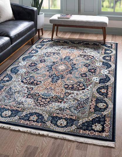 Unique Loom Narenj Collection Classic Traditional Medallion Textured Design Area Rug, 8 x 10 ft, Navy Blue/Tan