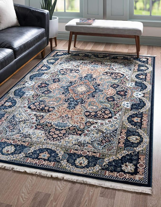 Unique Loom Narenj Collection Classic Traditional Medallion Textured Design Area Rug, 8 x 10 ft, Navy Blue/Tan