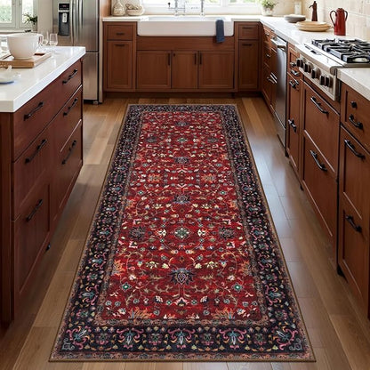 Tangsoo Floral Washable Runner Rug, 2x5 Rug Runners for Hallways Non Slip, Vintage Boho Runner Rug for Entryway Indoor, Blue Print Carpet Runner, Soft Low Pile Runner for Kitchen Bedroom Red