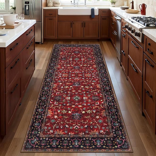 Tangsoo Floral Washable Runner Rug, 2x5 Rug Runners for Hallways Non Slip, Vintage Boho Runner Rug for Entryway Indoor, Blue Print Carpet Runner, Soft Low Pile Runner for Kitchen Bedroom Red