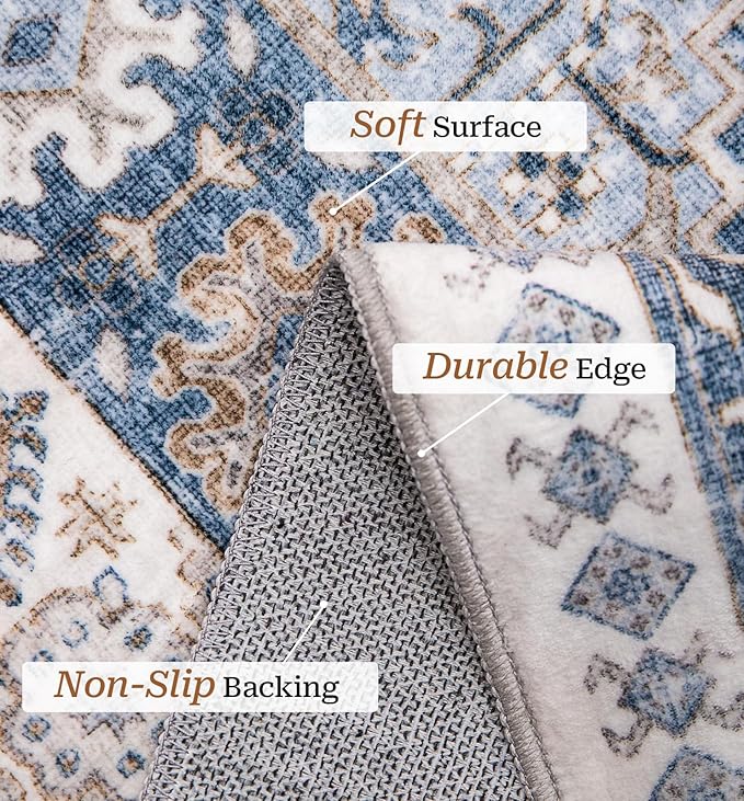 zesthome 3x5 Rug Ultra Soft Washable Rug, Non Slip Area Rug Indoor Entrance, Stain Resistant Rugs for Living Room Bedroom, Vintage Home Decor Area Rugs (Blue/Beige,3'x5')