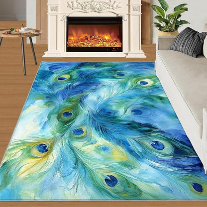 Peacock Feather Rug 6x8-6x8 Rug, Teal Turquoise Area Rugs for Bedroom, Malachite Green Feather Rugs for Living Room, Peafowl Washable Mat, Peacock Feather Carpet - Peafowl Home Decor & Gifts