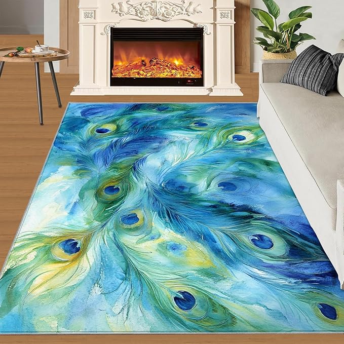 Peacock Feather Rug 3x5-3x5 Rug, Teal Turquoise Area Rugs for Bedroom, Malachite Green Feather Rugs for Living Room, Peafowl Washable Mat, Peacock Feather Carpet - Peafowl Home Decor & Gifts