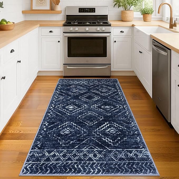 KILOCOCO Boho Entryway Rug 3x5 Area Rug Washable Non Slip Printed Throw Rugs Soft for Kitchen Living Room Dining Bedroom Geometric Moroccan Carpet, Dark Blue