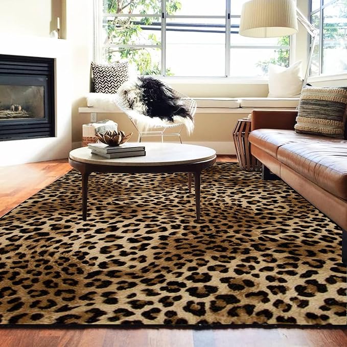 Leopard Rug 6x9 Washable Area Rug Soft Large Bedroom Rug Non Slip Living Room Rugs Leopard Print Low-Pile Indoor Carpet for Den Dorm Playroom（6x9ft,Brown）