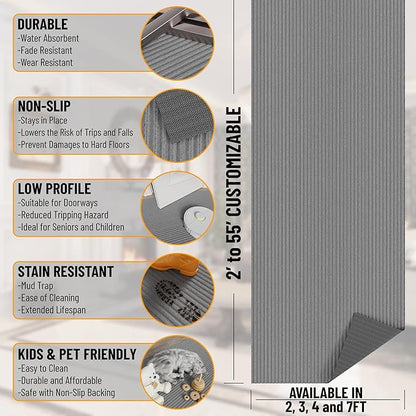 Ottomanson 2' x 41' Hallway Runner with Scraper Pile Extra Durable Non-Slip Rug Mat for Indoor & Outdoor Use - Ideal for Kitchen, Entryway, Patio & Garage - High-Traffic Carpet, Gray