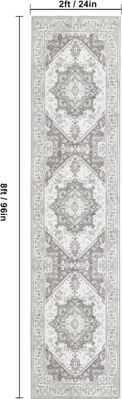 XWZO Washable Hallway Runner Rug 2x8ft — Non-Slip Low Pile Area Rug with Rubber Backing, Spill Resistant Soft Vintage Floor Carpet Runner for Kitchen Entryway Doorway Bedroom Corridor, Grey