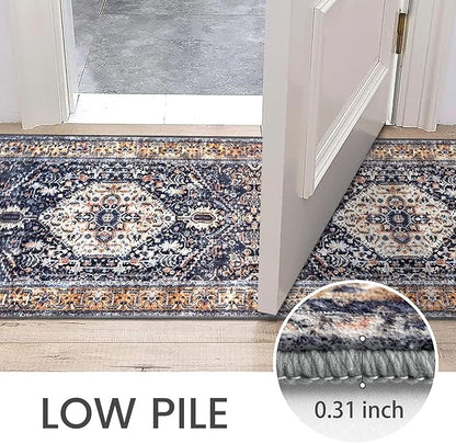 KOZYFLY Runners for Hallways 2.6x12 Ft Extra Long Washable Kitchen Boho Runner Rug for Entryway Indoor Gold Navy Printed Faux Wool Stair Runner Floor Carpet Runner for Stair Kitchen Hall