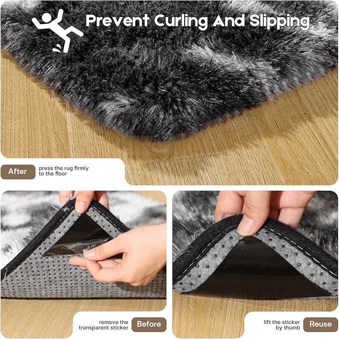 Black and White Rugs for Bedroom, 3x5 Fluffy Small Area Rugs for Living Room, Soft Shag Fuzzy Carpet with 4 Non-Slip Stickers for Kids Boys and Girls Nursery Room Dorm Home Decor (3ft x 5ft)