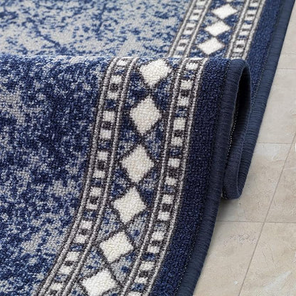 Antep Rugs Alfombras Modern Bordered 2x7 Non-Skid (Non-Slip) Low Profile Pile Rubber Backing Indoor Area Runner Rugs (Navy Blue, 2' x 7')