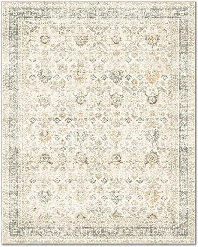 Washable 5x7 Area Rugs for Living Room, BoHo Non-slip Vintage Distress Rugs for Bedroom Dining Room Nursery Office, 0.3" Neutral Oriental Throw Thin Carpet with Cushioning Pad, Grey/Beige/Orange/Multi