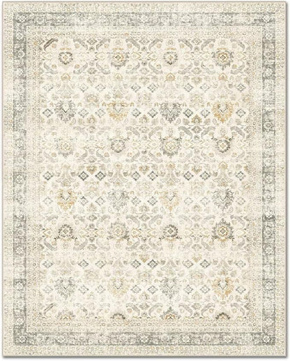 Washable 5x7 Area Rugs for Living Room, BoHo Non-slip Vintage Distress Rugs for Bedroom Dining Room Nursery Office, 0.3" Neutral Oriental Throw Thin Carpet with Cushioning Pad, Grey/Beige/Orange/Multi