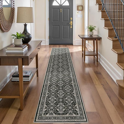 WITSHOCK Black Boho Washable 2x10 Kitchen Runner Rug,Vintage Neutral Hallway Rugs for Entryway,Soft Distressed Floor Mat for Bedroom,Entrance,Indoor Back Door(Black,2x10)