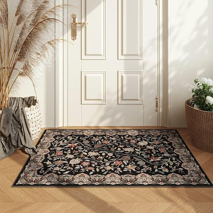 Rugcomf 2'x3' Entryway Rug - Paisley Pattern, Door Mat Indoor Entrance, Floral Vintage, Machine Washable, Non-Slip Low Pile Area Rug for Kitchen, Front Door, Kids Room - Black